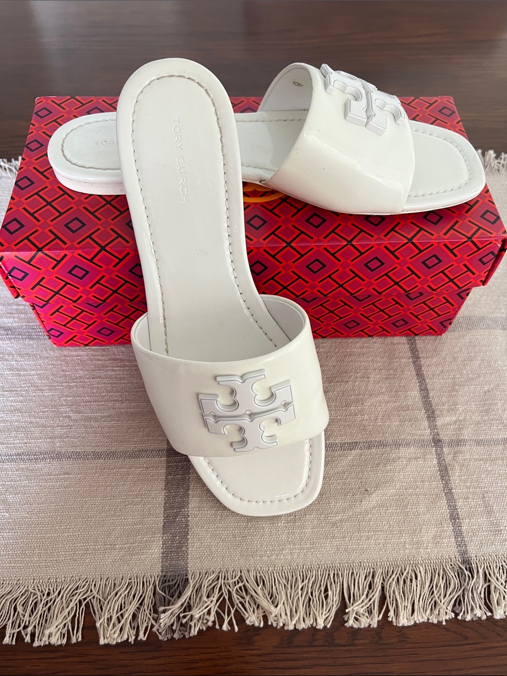 Tory Burch White Patent Miller Logo Slide Sandals
